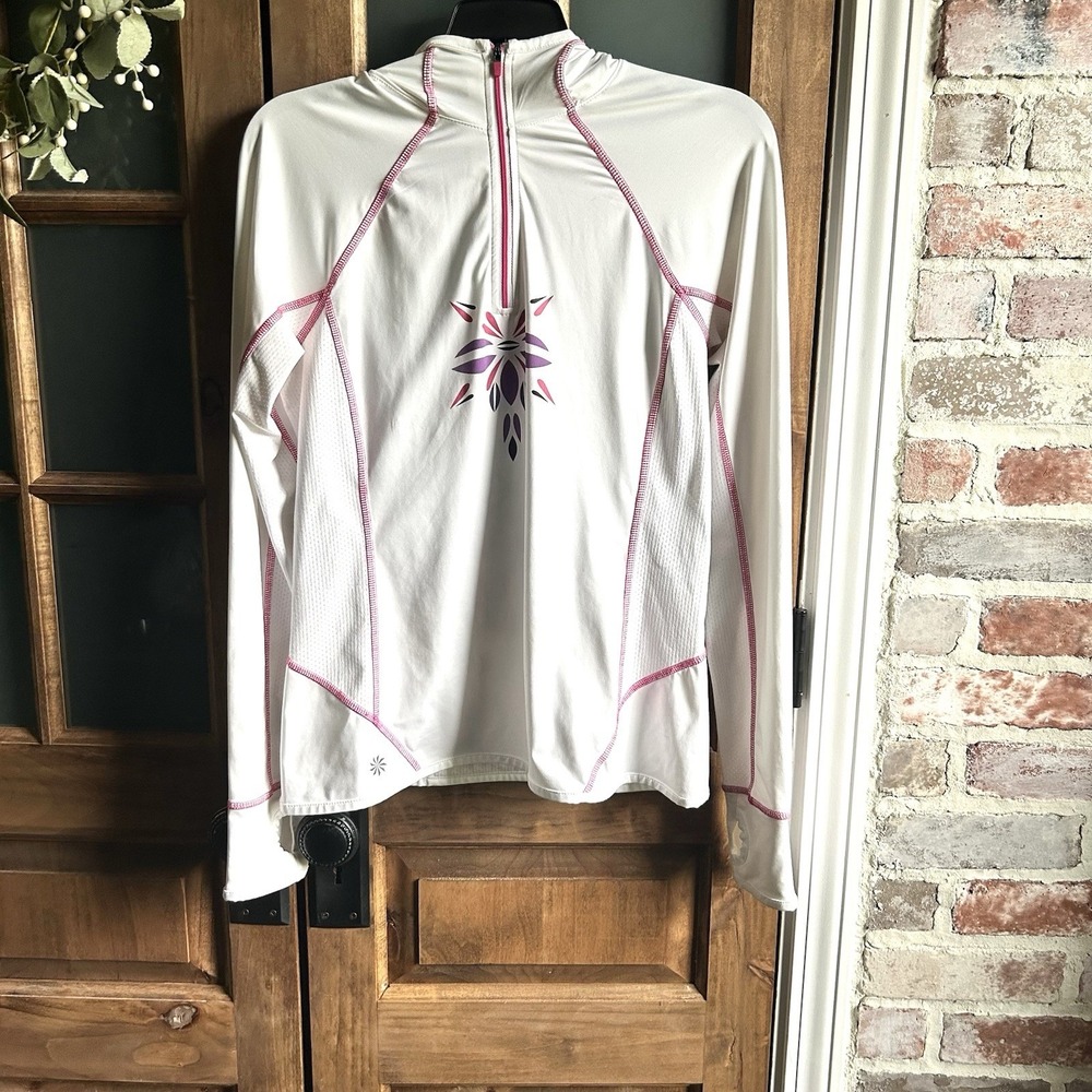 Athleta 1/4 Zip Pullover Womens S White Pink Thumbholes Activewear Mock Neck Top